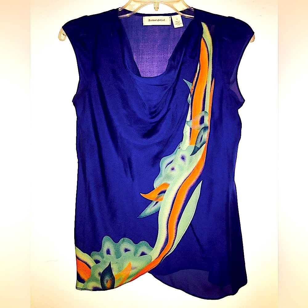 Anthropologie Cool Blue, Orange & Seafoam Draped Sleeveless Blouse